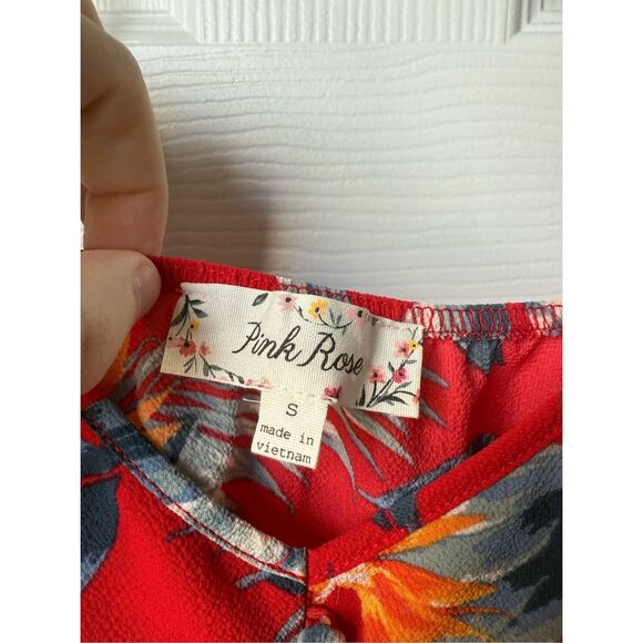 Pink Rose Tank Top Small Women's Red Blue Hawaiian Beachy Floral Buttons - Picture 3 of 4